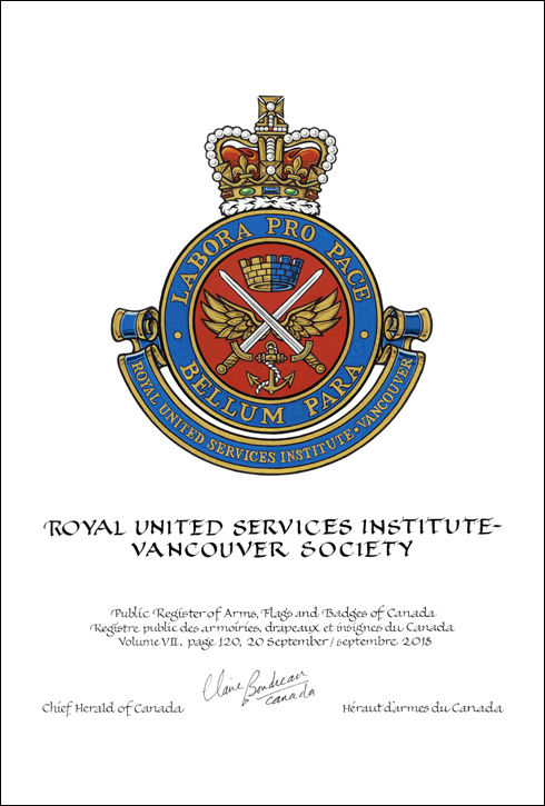 Letters patent granting heraldic emblems to the Royal United Services Institute – Vancouver Society