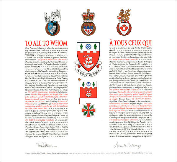 Letters patent granting heraldic emblems to St. Jude’s Anglican Church