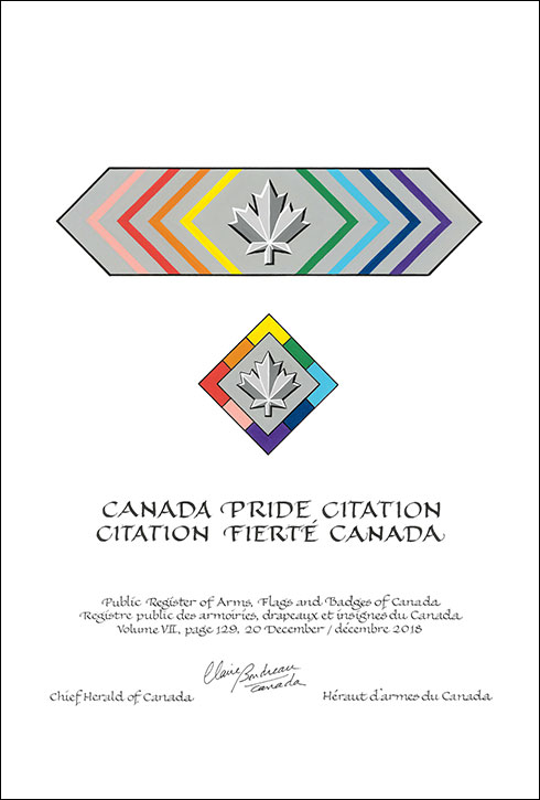 Lettres patentes enregistrant les emblèmes héraldiques de la  Citation Fierté Canada