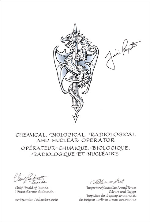 Lettres patentes approuvant les emblèmes héraldiques d'un opérateur - chimique, biologique, radiologique et nucléaire des Forces armées canadiennes