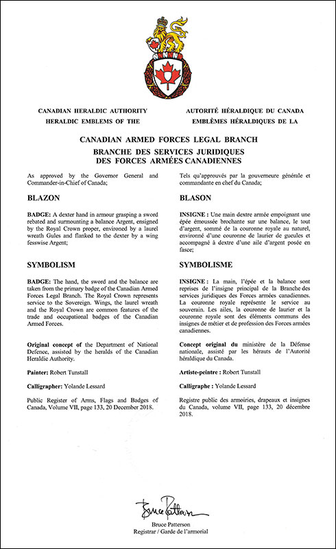 Letters patent approving the heraldic emblems of the Canadian Armed Forces Legal Branch