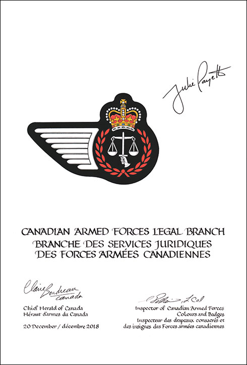 Letters patent approving the heraldic emblems of the Canadian Armed Forces Legal Branch