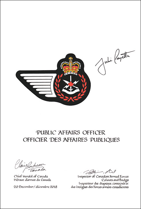 Lettres patentes approuvant les emblèmes héraldiques d'un officier des affaires publiques des Forces armées canadiennes