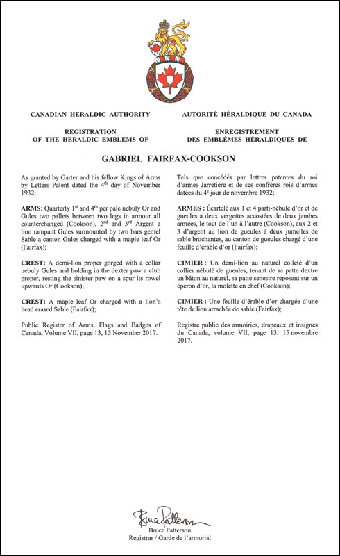 Letters patent registering the heraldic emblems of Gabriel Fairfax-Cookson