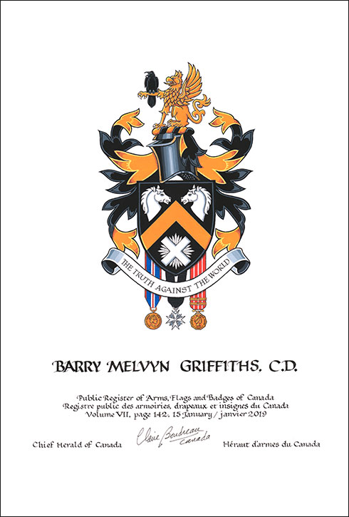 Letters patent granting heraldic emblems to Barry Melvyn Griffiths