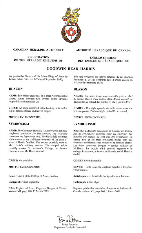 Letters patent registering the heraldic emblems of Goodwin Read Harris