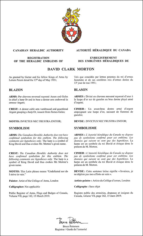 Letters patent registering the heraldic emblems of David Clark Morton