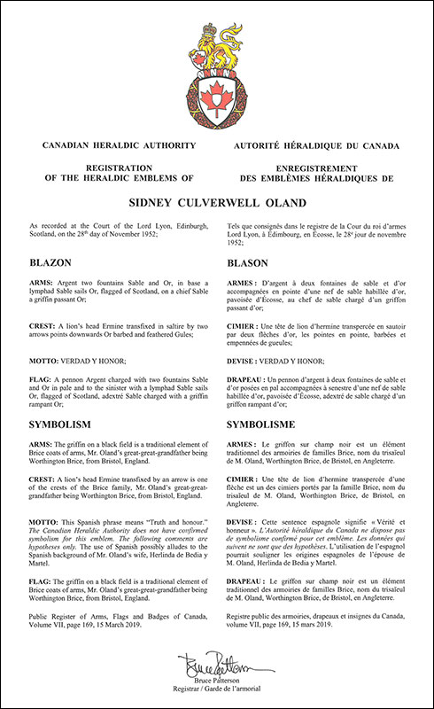 Arms of Sidney Culverwell Oland