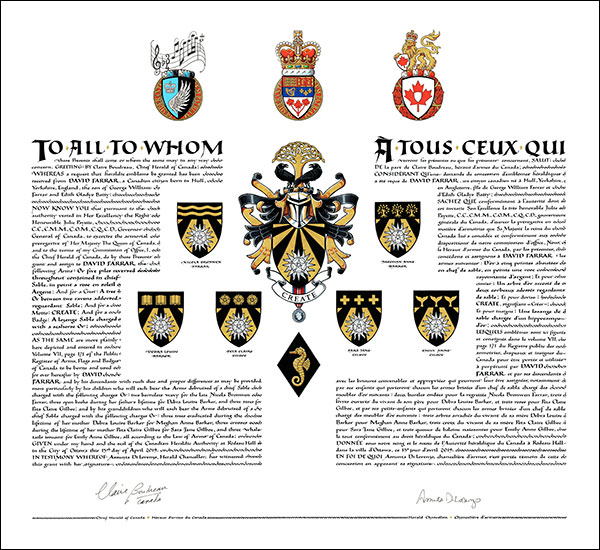 Letters patent granting heraldic emblems to David Farrar