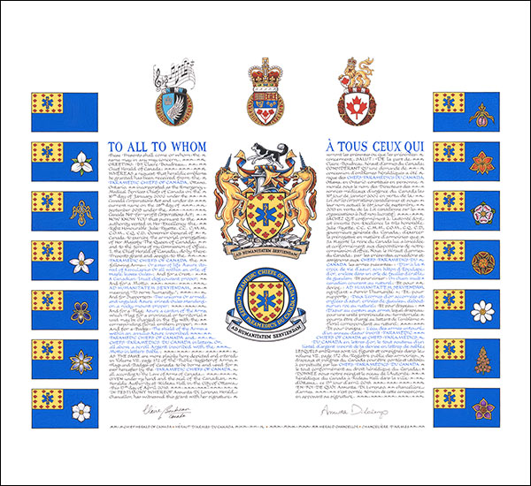 Letters patent granting heraldic emblems to the Paramedic Chiefs of Canada Letters patent granting heraldic emblems to the Paramedic Chiefs of Canada