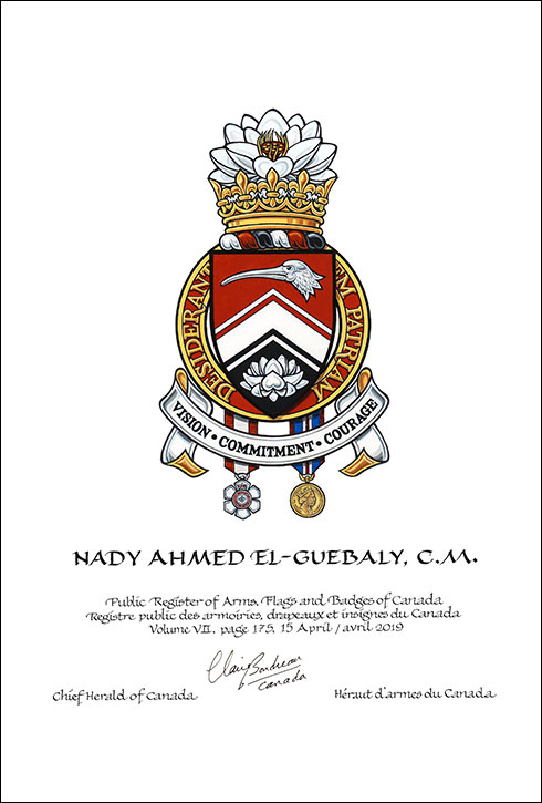 Letters patent granting heraldic emblems to Nady Ahmed el-Guebaly Letters patent granting heraldic emblems to Nady Ahmed el-Guebaly