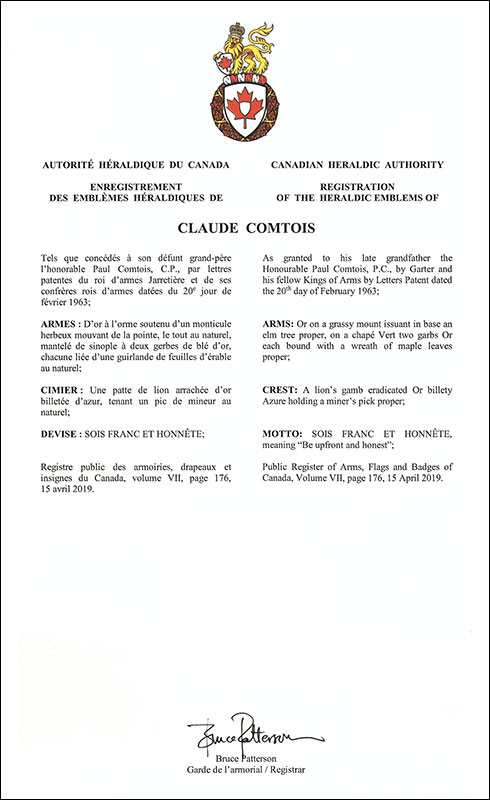Letters patent registering the heraldic emblems of Claude Comtois