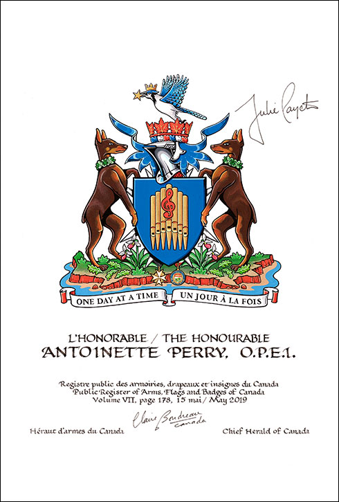 Letters patent granting heraldic emblems to Antoinette Perry