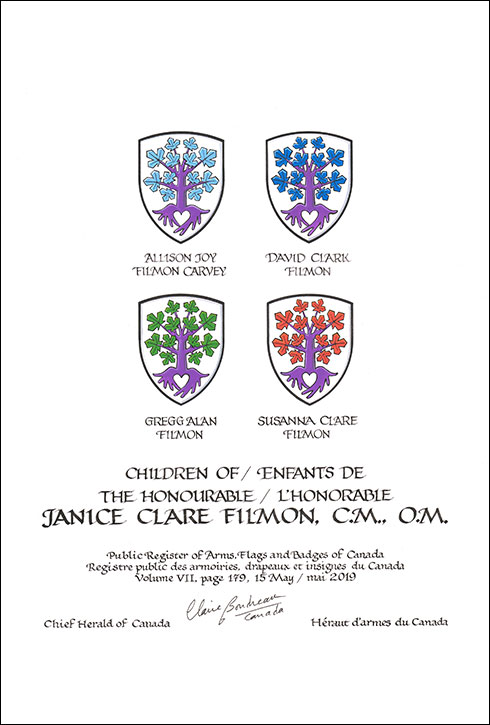 Letters patent granting heraldic emblems to Janice Clare Filmon