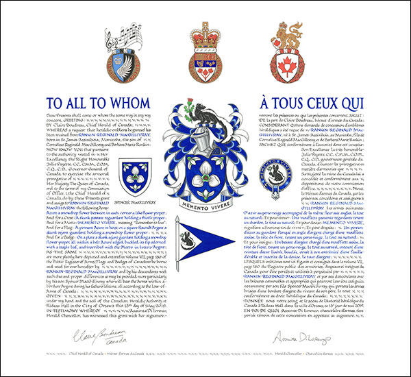 Letters patent granting heraldic emblems to Rankin Reginald MacGillivray
