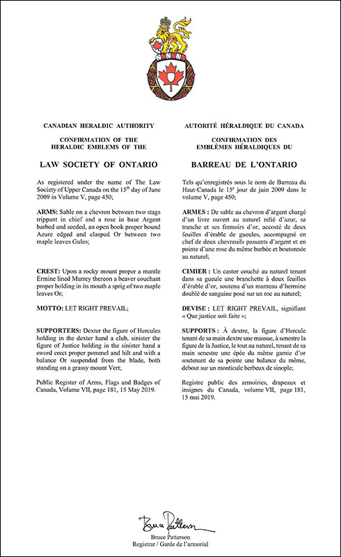 Letters patent confirming the heraldic emblems of the Law Society of Ontario