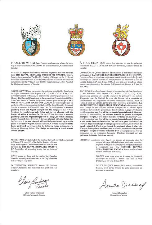 Letters patent granting heraldic emblems to The Royal Heraldry Society of Canada