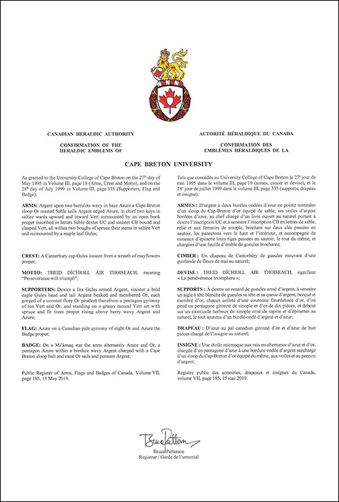 Letters patent confirming the heraldic emblems of Cape Breton University Letters patent confirming the heraldic emblems of Cape Breton University