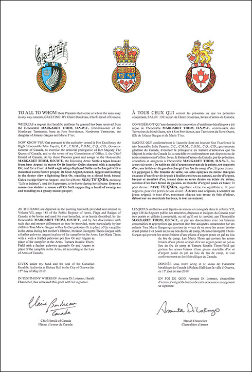 Letters patent granting heraldic emblems to Margaret Thom Letters patent granting heraldic emblems to Margaret Thom