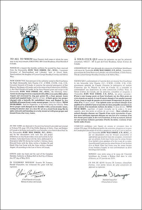 Letters patent granting heraldic emblems to Judy May Foote Letters patent granting heraldic emblems to Judy May Foote