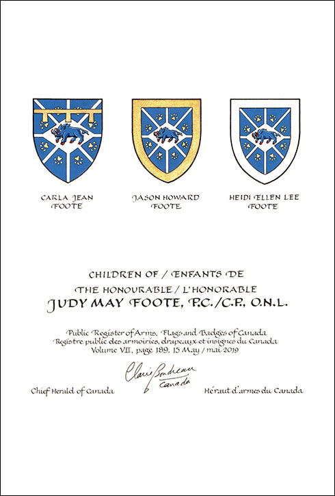 Letters patent granting heraldic emblems to Judy May Foote Letters patent granting heraldic emblems to Judy May Foote