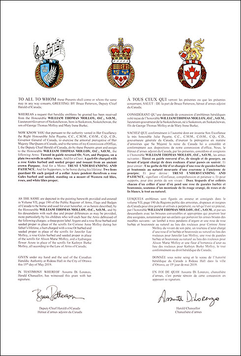 Letters patent granting heraldic emblems to William Thomas Molloy