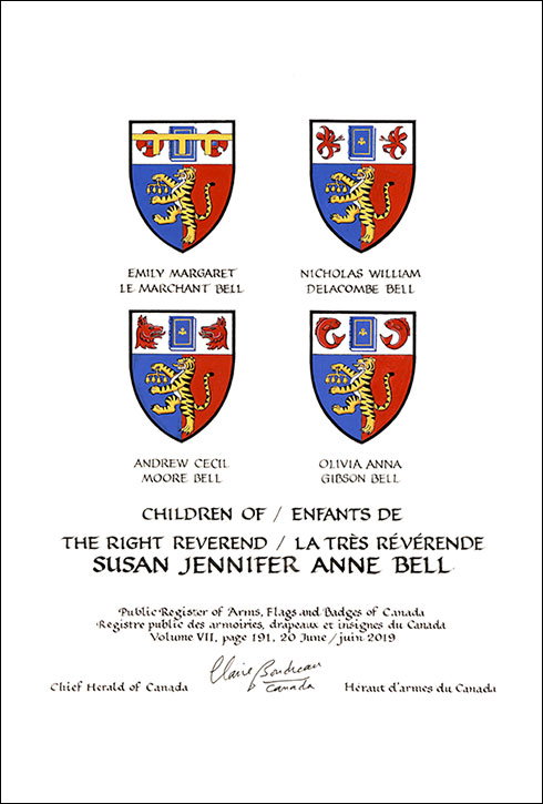 Letters patent granting heraldic emblems to Susan Jennifer Anne Bell