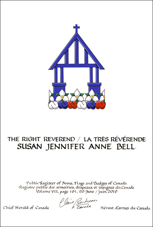 Letters patent granting heraldic emblems to Susan Jennifer Anne Bell