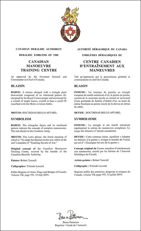 Lettres patentes approuvant les emblèmes héraldiques du Centre canadien d'entraînement aux manœuvres Lettres patentes approuvant les emblèmes héraldiques du Centre canadien d'entraînement aux manœuvres