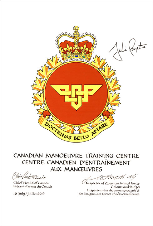 Letters patent approving the heraldic emblems of the Canadian Manoeuvre Training Centre Letters patent approving the heraldic emblems of the Canadian Manoeuvre Training Centre