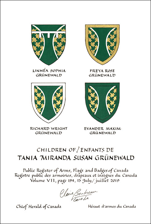 Letters patent granting heraldic emblems to Tania Miranda Susan Grünewald Letters patent granting heraldic emblems to Tania Miranda Susan Grünewald
