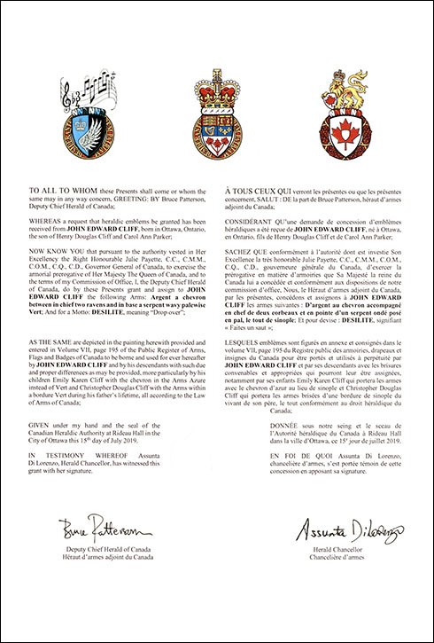 Letters patent granting heraldic emblems to John Edward Cliff