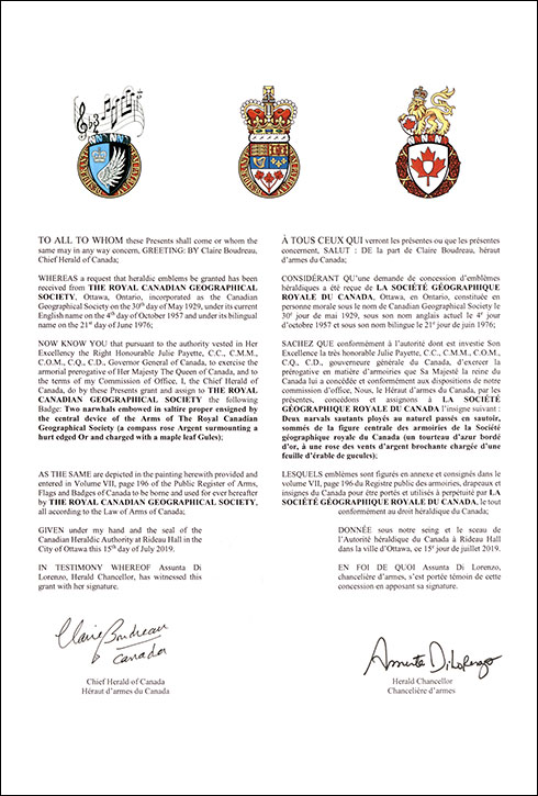 Letters patent granting heraldic emblems to the Royal Canadian Geographical Society