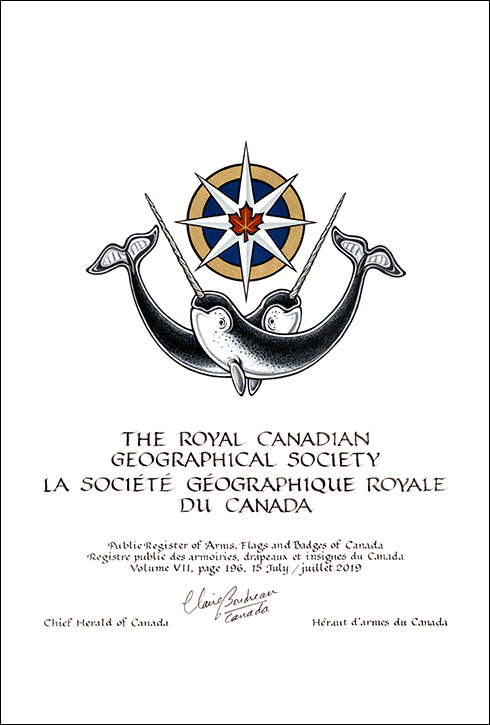 Letters patent granting heraldic emblems to the Royal Canadian Geographical Society