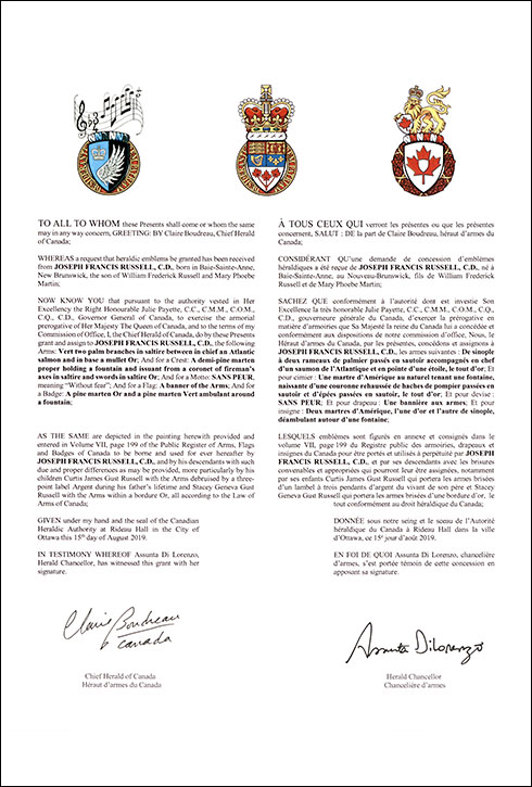 Letters patent granting heraldic emblems to Joseph Francis Russell Letters patent granting heraldic emblems to Joseph Francis Russell
