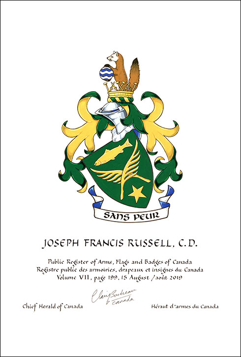 Letters patent granting heraldic emblems to Joseph Francis Russell