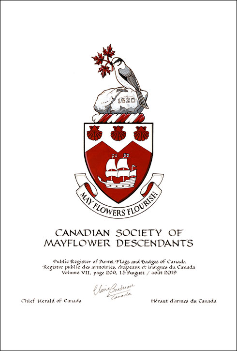 Letters patent granting heraldic emblems to the Canadian Society of Mayflower Descendants