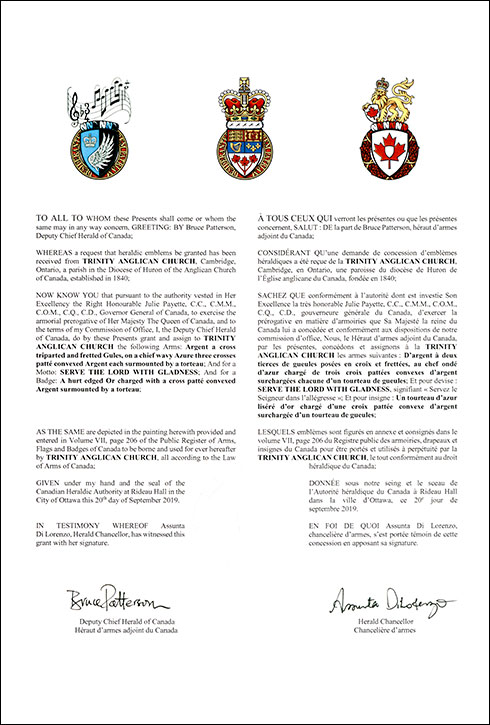 Lettres patentes concédant des emblèmes héraldiques à la Trinity Anglican Church