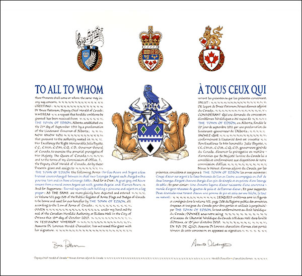 Lettres patentes concédant des emblèmes héraldiques à the Town of Edson Lettres patentes concédant des emblèmes héraldiques à the Town of Edson
