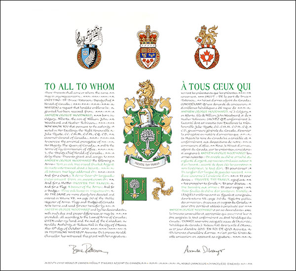 Letters patent granting heraldic emblems to Andrew George Woodward