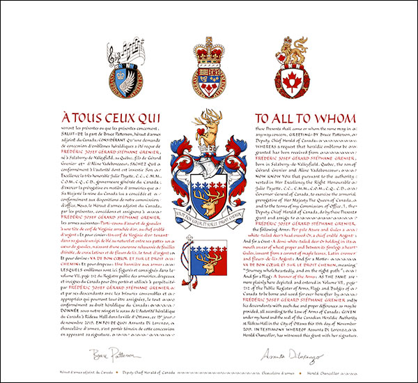 Lettres patentes concédant des emblèmes héraldiques à Frédéric Josef Gérard Stéphane Grenier Lettres patentes concédant des emblèmes héraldiques à Frédéric Josef Gérard Stéphane Grenier
