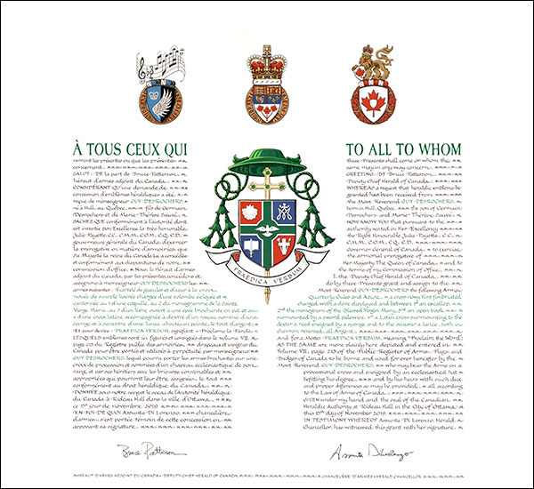 Lettres patentes concédant des emblèmes héraldiques à Guy Desrochers Lettres patentes concédant des emblèmes héraldiques à Guy Desrochers