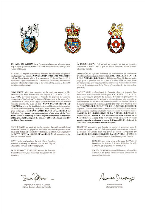 Letters patent granting heraldic emblems to the House of Assembly of Nova Scotia