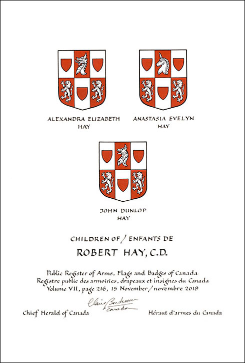 Letters patent granting heraldic emblems to Robert Hay