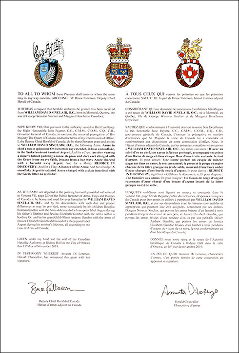 Lettres patentes concédant des emblèmes héraldiques à William David Sinclair