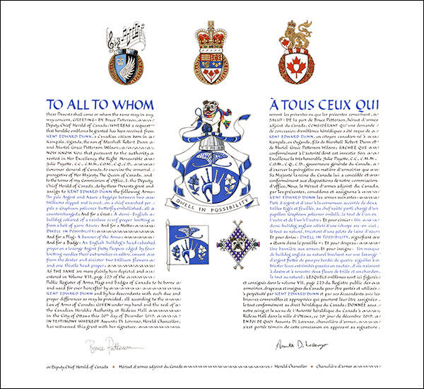 Lettres patentes concédant des emblèmes héraldiques à Kent Edward Dunn Lettres patentes concédant des emblèmes héraldiques à Kent Edward Dunn