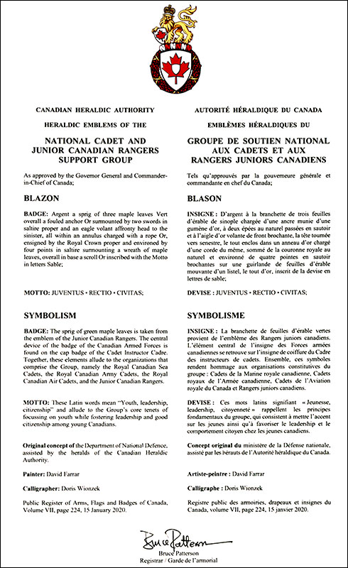 Letters patent approving the heraldic emblems of the National Cadet and Junior Canadian Rangers Support Group