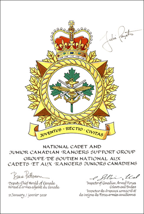 Letters patent approving the heraldic emblems of the National Cadet and Junior Canadian Rangers Support Group