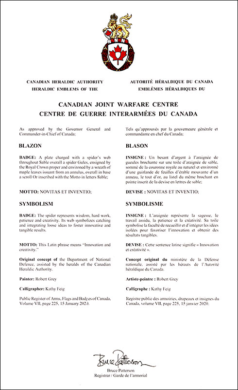 Letters patent approving the heraldic emblems of the Canadian Joint Warfare Centre Letters patent approving the heraldic emblems of the Canadian Joint Warfare Centre