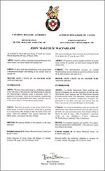 Lettres patentes enregistrant les emblèmes héraldiques de John Malcolm MacFarlane